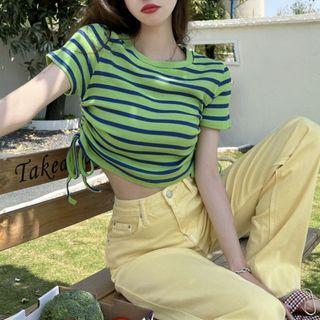 Striped Drawstring Cropped T-shirt