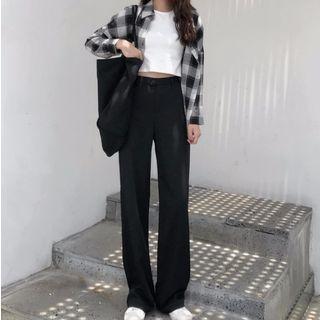 Set: Plaid Long Sleeve Shirt / Cropped Pants