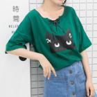 Cat Print Lace Up Detail Elbow Sleeve T-shirt