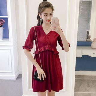 Short-sleeve V-neck Frill-trim Mini A-line Dress