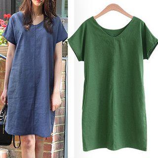 Plain V-neck Short-sleeve Shift Dress