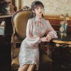 Floral Print Mandarin Collar Long-sleeve Midi Sheath Dress