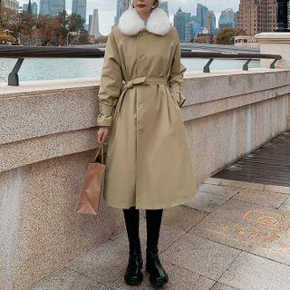 Long-sleeve Furry Trim Tie-waist Coat