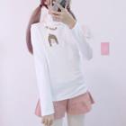 Mock-turtleneck Long-sleeved Embroidered T-shirt