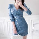 Long-sleeve Distressed A-line Denim Dress