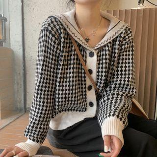 Sailor-collar Plaid Cardigan Plaid - Black & White - One Size