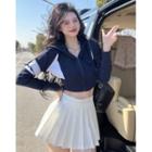 Two-tone Cropped Hooded Jacket / Pleated Mini Skirt