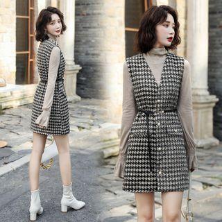 Set: Long-sleeve Top + Houndstooth Sleeveless Dress