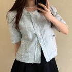 Short-sleeve Distressed Tweed Blouse