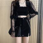 Ruffled Tie-neck Lace Cropped Jacket / High-waist Shorts / Chained Mini Pencil Skirt