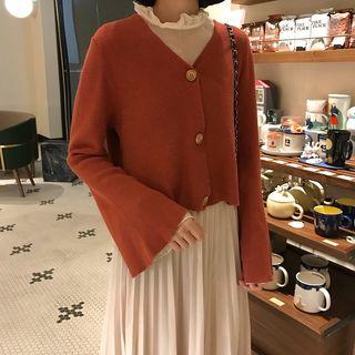 Ruffle Trim Chiffon Top / Pleated Midi Skirt / Cardigan