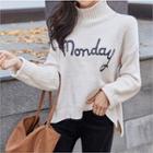 Mock-neck Letter-embroidered Sweater