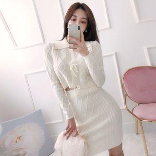 Set: Collared Cable-knit Top + Mini Skirt