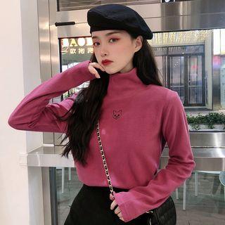 Cat Embroidered Turtleneck Top