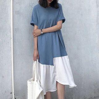 Short-sleeve Color Block Midi Chiffon Dress