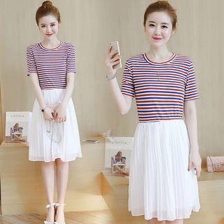 Striped Pleated Short Sleeve Dress