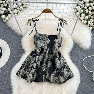 Bow Strap Floral Jacquard Top Black - One Size