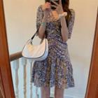 Short-sleeve Floral Print Ruched Mini A-line Chiffon Dress