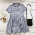 Plain Picture Print Short-sleeve Pleated Dress Blue - One Size