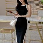 Sleeveless Contrast Trim Knit Midi Sheath Dress Black - One Size