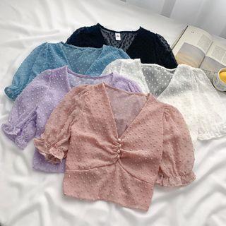 V-neck Ruched Chiffon Crop Top In 5 Colors