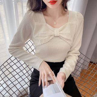 Bow Accent Faux Pearl Blouse