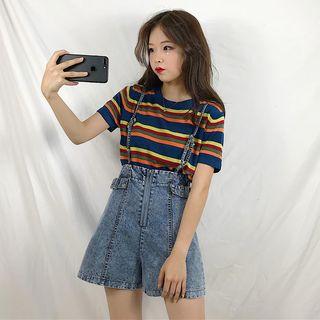 Short-sleeve Color Block Knit Top / Tank Top / Spaghetti Strap Denim Shorts