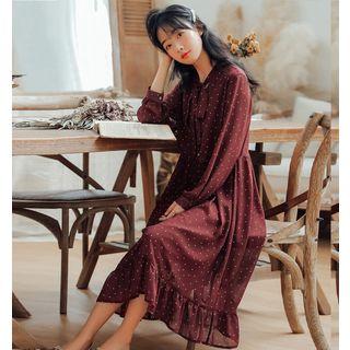 Long-sleeve Tie-neck Dotted Midi A-line Dress
