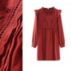 Long-sleeve Embroidered Frill Trim Mini A-line Dress