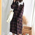 Puff-sleeve Tie-neck Plaid Dress As Shown In Figure - One Size