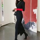 Color Block Long-sleeve Knit Midi Sheath Dress Black - One Size
