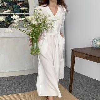 V-neck Midi A-line Dress White - One Size