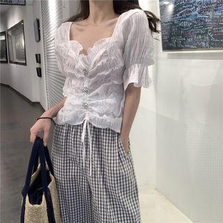 Short-sleeve Chiffon Top / Plaid Harem Pants
