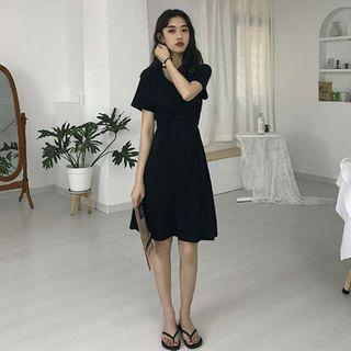 Short-sleeve Button Midi A-line Dress Black - One Size