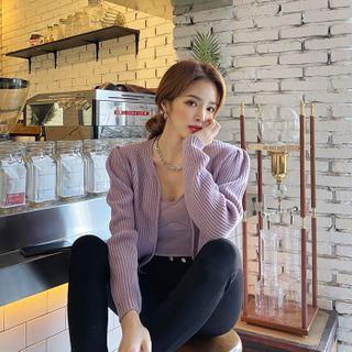 Puff-sleeve Ribbed Zip-up Cardigan