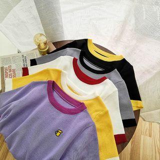 Color Panel Embroidered Short-sleeve Knit Top