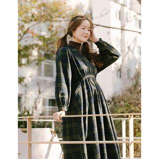 Drawcord Plaid Long Dress
