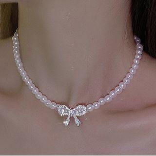Bow Rhinestone Faux Pearl Necklace A3750 - 1pc - White - One Size