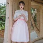 Elbow-sleeve Midi Skirt Hanbok Set (floral / White)