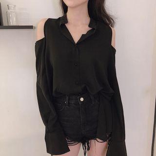 Cold-shoulder V-neck Long-sleeve Shirt Black - One Size