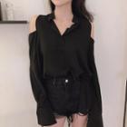 Cold-shoulder V-neck Long-sleeve Shirt Black - One Size