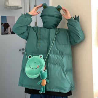 Lettering Frog-hooded Padded Zip Jacket