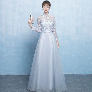 Long-sleeve Crochet Lace A-line Evening Gown