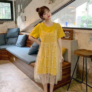 Set: Short-sleeve T-shirt Dress + Embroidered Mesh Dress