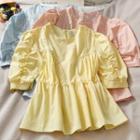 Pearl-trim Puff-sleeve Peplum Top