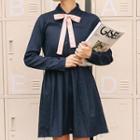 Long-sleeve Tie-neck A-line Shirt Dress