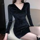Long-sleeve Glitter A-line Dress Black - One Size
