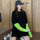 Mock Two-piece Long-sleeve Oversize T-shirt Black & Green - One Size