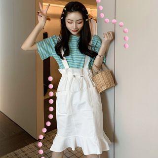 Short-sleeve Striped T-shirt / Ruffled Jumper Skirt / Cropped Jumper Pants