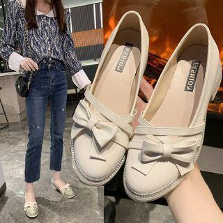Genuine Leather Bow Block-heel Loafers